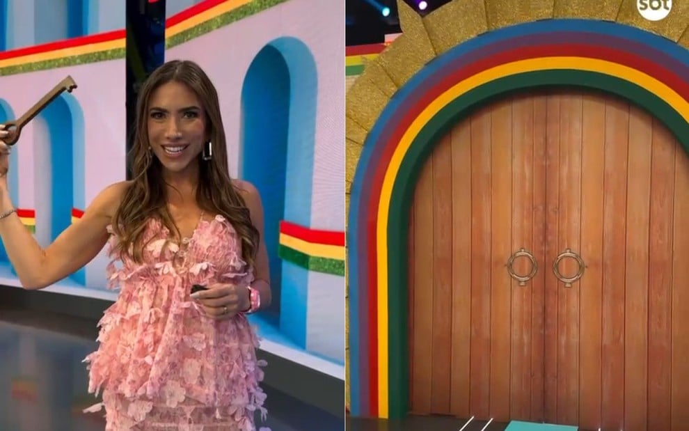 Patricia Abravanel posa sorridente com chave ao lado da Porta da Esperança