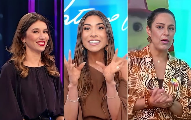 Montagem com fotos de Rebeca Abravanel no Roda a Roda, Patricia Abravanel no Programa Silvio Santos, e Silvia Abravanel no Sábado Animado