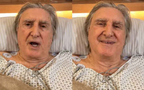Na montagem de duas fotos, Sérgio Reis está deitado em uma cama de hospital