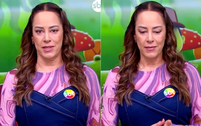 Montagem com duas imagens de Silvia Abravanel com os olhos marejados no Sábado Animado