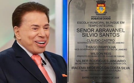 Na montagem estão Silvio Santos (à esquerda); e placa de inauguração de escola com o nome do apresentador (à direita)