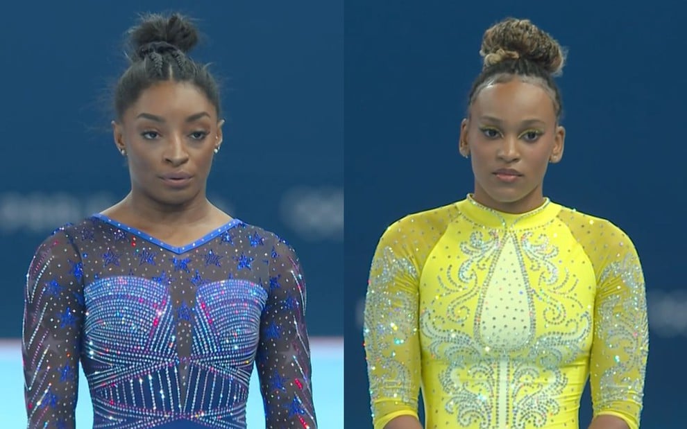 Na montagem: Simone Biles (à esquerda) e Rebeca Andrade (à direita)