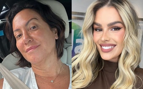 Montagem com uma foto de Simone Medina e outra de Yasmin Brunet; as duas sorriem quanto encaram a câmera