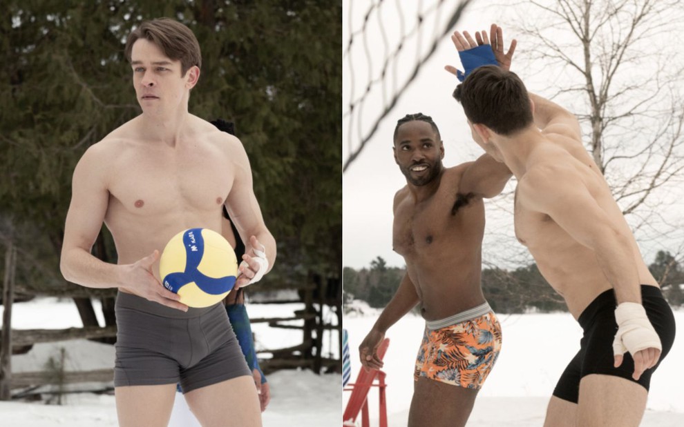 Montagem com fotos de Thomas Elms, Kheon Clarke e Ryan Ali apenas de cueca e jogando vôlei