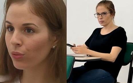 Na montagem: Suzane Richthofen em entrevista à Record (à esquerda) e sentada em carteira de sala de aula (à direita)