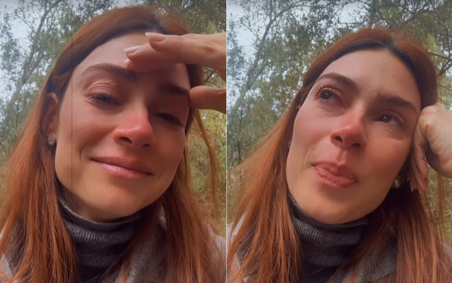 Montagem com dois momentos de Thaila Ayala chorando nos Stories do Instagram