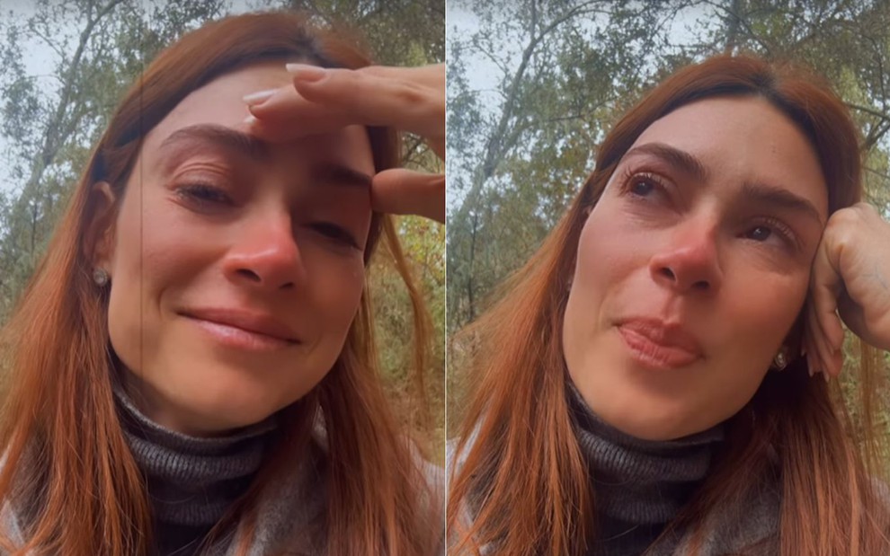 Montagem com dois momentos de Thaila Ayala chorando nos Stories do Instagram