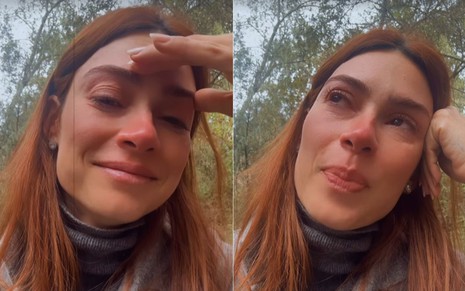 Montagem com dois momentos de Thaila Ayala chorando nos Stories do Instagram