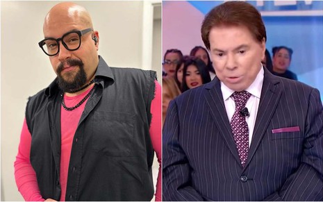 Foto de Silvio Santos durante programa; ele veste terno preto, camiseta branca e gravata roxa