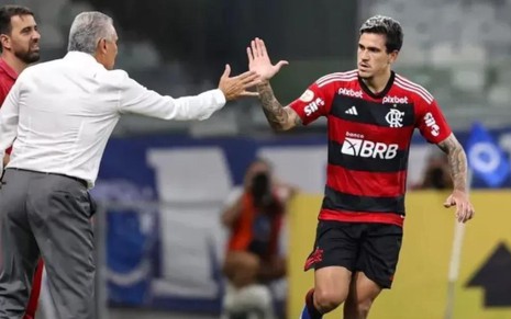 Tite cumprimenta Pedro em jogo do Flamengo no Campeonato Brasileiro