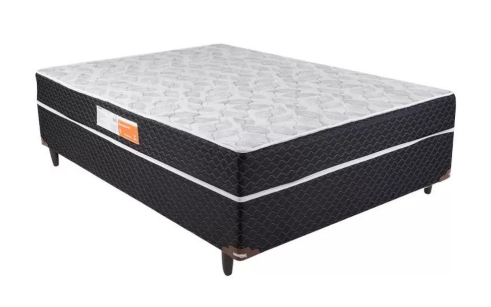 Imagem com fundo branco mostra modelo de cama box de casal da marca Umaflex na cor branca e preto