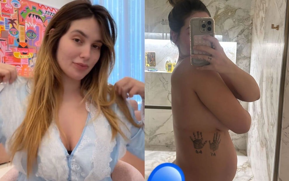 Montagem com dois registros de Virginia Fonseca; em um, ela está de roupão e olha para a câmera. No outro, ela está de frente ao espelho, nua, e mostra a barriga