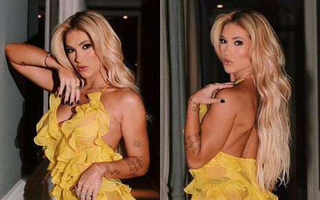 Montagem com duas fotos de Virginia Fonseca posando com vestido amarelo transparente