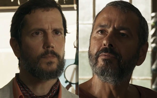 Montagem de fotos com Vladimir Brichta e Marcos Palmeira caracterizados como seus personagens em Renascer