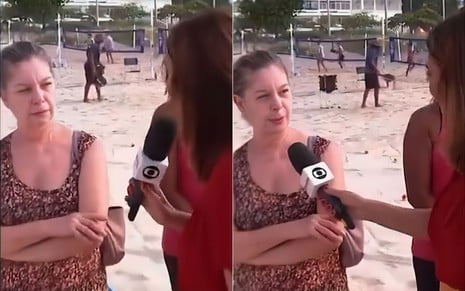 Montagem com dois momentos de Adriana Rezende com o microfone da Globo, tentando entrevistar uma senhora, que está de braços cruzados