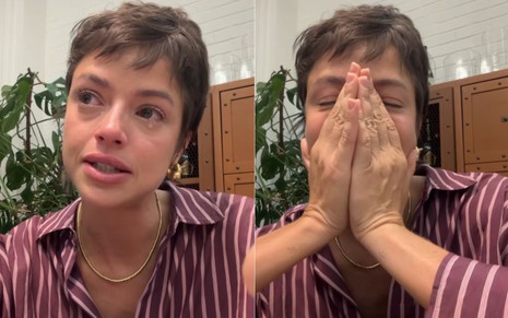 Montagem com imagens de Agatha Moreira chorando; ela usa camisa vinho listrada