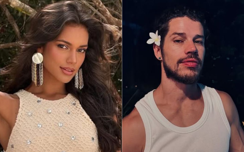 Montagem com fotos de Alane Dias e José Loreto; ambos estão na praia, e ator usa flor na cabeça