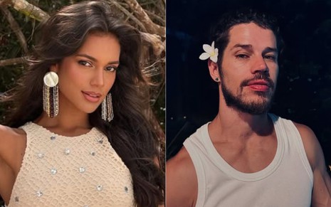 Montagem com fotos de Alane Dias e José Loreto; ambos estão na praia, e ator usa flor na cabeça