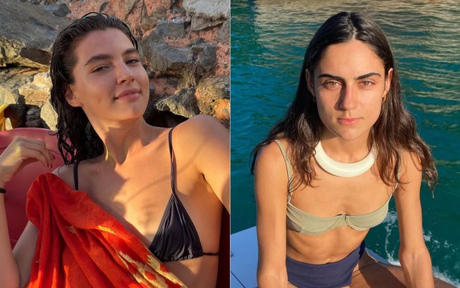 Montagem de Alanis Guillen e a namorada, Giovanna Reis; as duas aparecem de biquíni e cabelo molhado