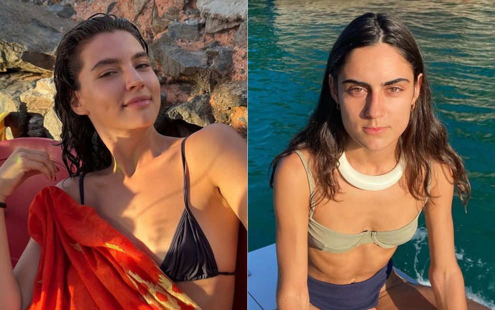 Montagem de Alanis Guillen e a namorada, Giovanna Reis; as duas aparecem de biquíni e cabelo molhado