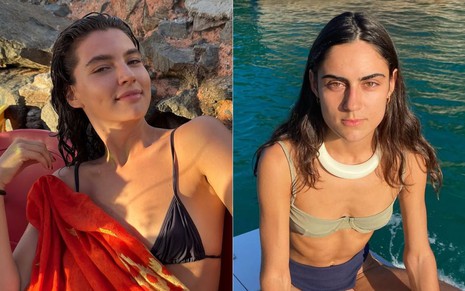 Montagem de Alanis Guillen e a namorada, Giovanna Reis; as duas aparecem de biquíni e cabelo molhado
