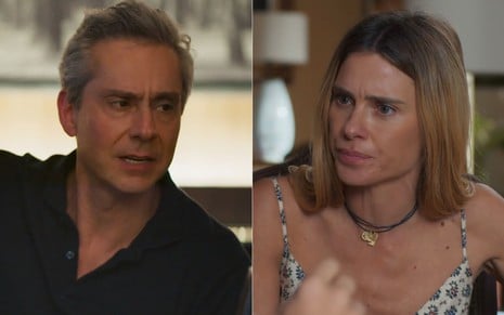 Montagem com Marco Aurélio (Alexandre Nero) e Leila (Carolina Dieckmann) sentados à mesa em Vale Tudo, com feições sérias