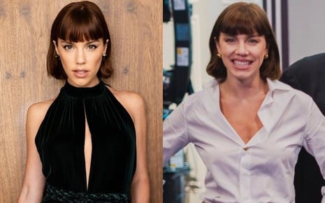 Na montagem: Alice Wegmann está com um vestido preto, posada (à esquerda); e à direita, Alice aparece ao lado do elenco de Vale Tudo sorrindo, com aspecto de magreza