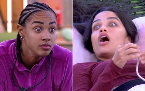 Montagem com fotos de Aline e Eva na área externa do BBB 25, ambas com expressões surpresas