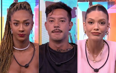 Montagem com Aline, Gabriel e Vitória no confessionário do BBB 25