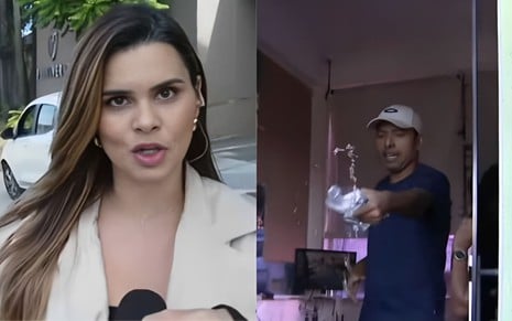 Na montagem: Aline Galdino (à esquerda); e homem não identificado jogando água (à direita)