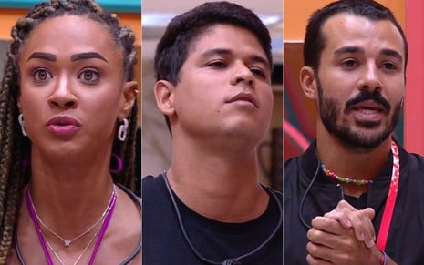 Montagem com Aline, Guilherme e Mateus na sala do BBB, justificando permanência no reality show