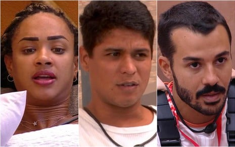 Montagem de fotos de Aline Patriarca, Guilherme Albuquerque e Mateus Pires no BBB 25