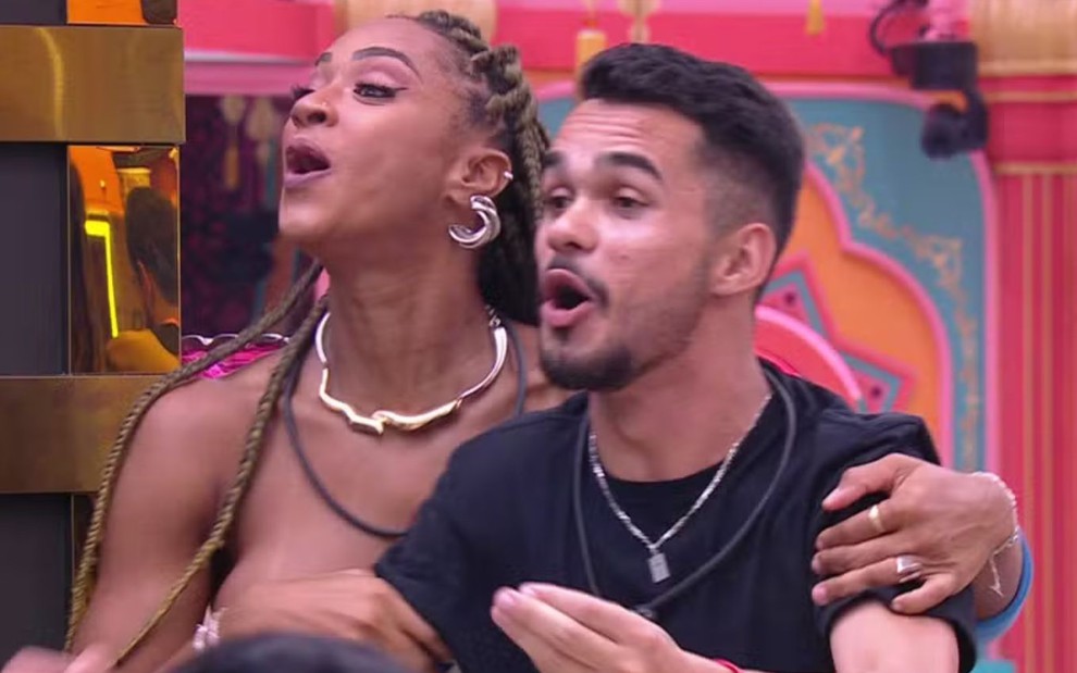 Aline Patriarca e João Pedro Siqueira um pouco exaltados no BBB 25