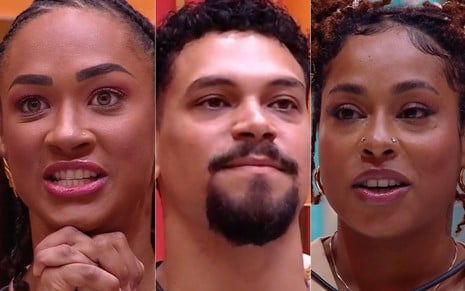 Montagem Aline, Vinícius e Thamiris pedindo voto do público no BBB 25