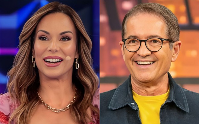 Na montagem estão: Ana Furtado no Teleton (à esquerda) e Carlos Tramontina no The Noite (à direita)