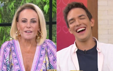 Montagem com Ana Maria Braga e Alessandro Jodar no Mais Você, sentados à mesa, e Jodar está rindo