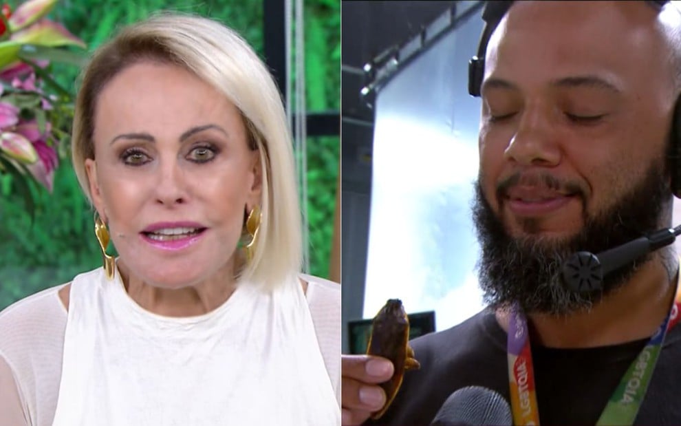 Montagem com Ana Maria Braga fazendo careta e produtor do Mais Você comendo barata