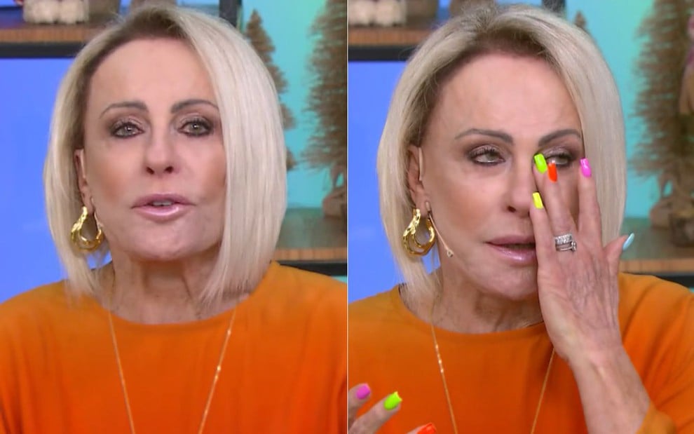 Montagem com Ana Maria Braga chorando e secando as lágrimas no Mais Você