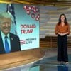 Telão do estúdio do Bom Dia Brasil exibe foto de Donald Trump com os dizeres 'presidente eleito'; Ana Paula Araújo está em pé ao lado