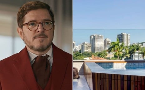 Na montagem está o ator Guilherme Piva na novela Quem Ama Cuida (à esquerda) e imagem do interior de uma sala de estar (à direita)