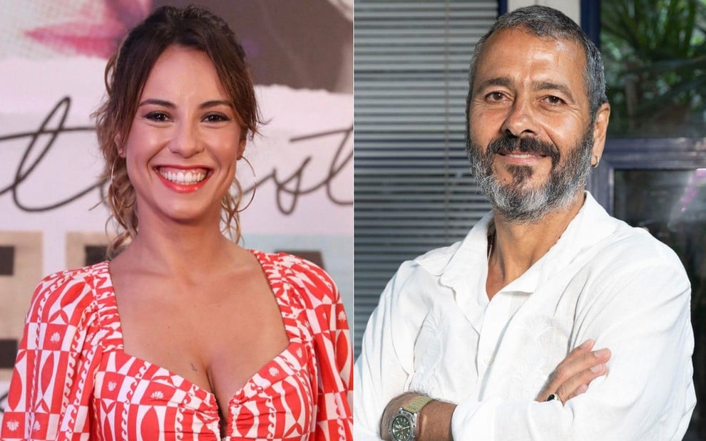 Montagem: Andréia Horta sorri e usa vestido vermelho estampado em especial do Caldeirão, e Marcos Palmeira está de braços cruzados, sorri e usa camisa branca