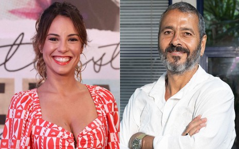 Montagem: Andréia Horta sorri e usa vestido vermelho estampado em especial do Caldeirão, e Marcos Palmeira está de braços cruzados, sorri e usa camisa branca