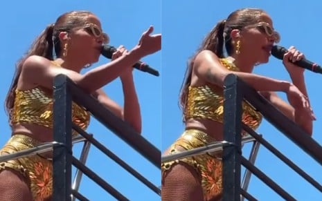 Na montagem: Anitta está apoiada nas grade do trio elétrico, em bloco de Carnaval no Rio de Janeiro