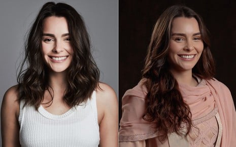 Montagem com fotos de Anna Melo com roupas contemporâneas e como a Gabriela de Paulo, o Apóstolo
