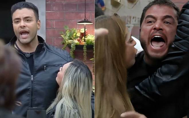 Montagem com Antony e Ana Paula e Dhomini e Adriana, ambos os casais em meio a discussões, com os homens gritando e as mulheres tentando ampará-los
