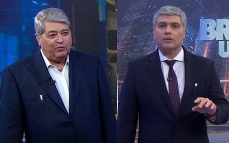 Montagem com José Luiz Datena à esquerda no SBT e Joel Datena à frente do Brasil Urgente, da Band, à direita