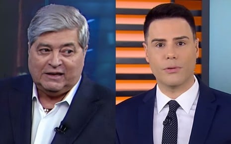 Montagem com José Luiz Datena à esquerda no Tá na Hora do SBT e Luiz Bacci à direita no Cidade Alerta, da Record