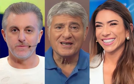 Montagem com Luciano Huck à esquerda, Cleber Machado no centro e Patricia Abravanel à direita