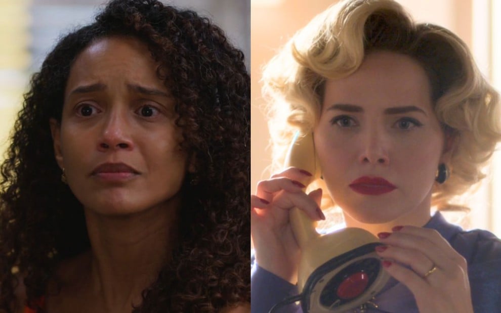 Montagem com Tais Araujo como Raquel à esquerda em Vale Tudo e Letícia Colin como Zélia à direita em Garota do Momento