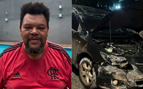 Montagem com Babu Santana e seu carro após acidente; à esquerda, ator aparece usando camisa do Flamengo, e à direita, o carro totalmente danificado